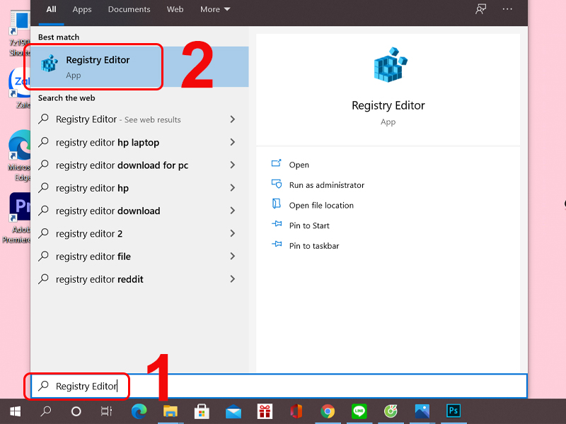 Thao t&aacute;c t&igrave;m kiếm v&agrave; mở Registry Editor